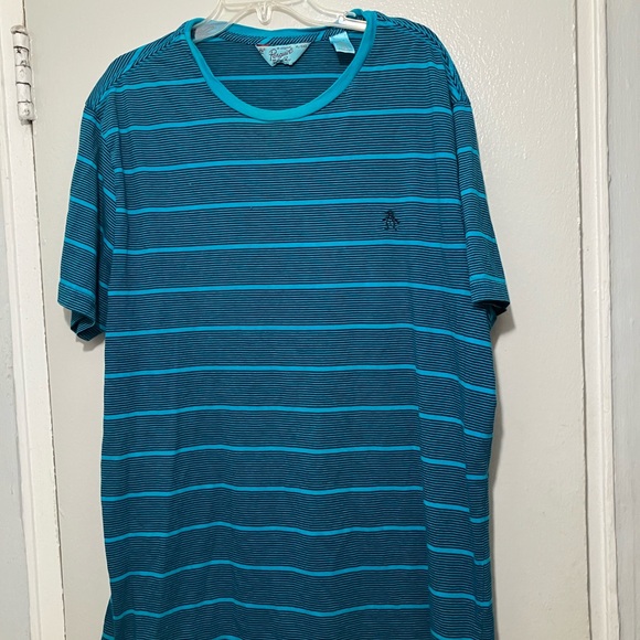 Original Penguin Men's Teal and Black Striped Tee🥰🥰❤️ - Picture 1 of 7